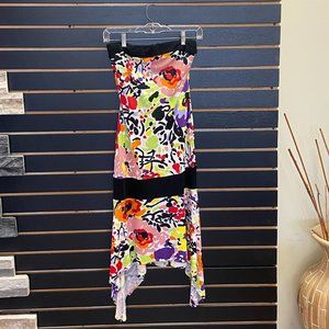 Y Yigal printed strapless midi cocktail dress with asymmetrical hem.